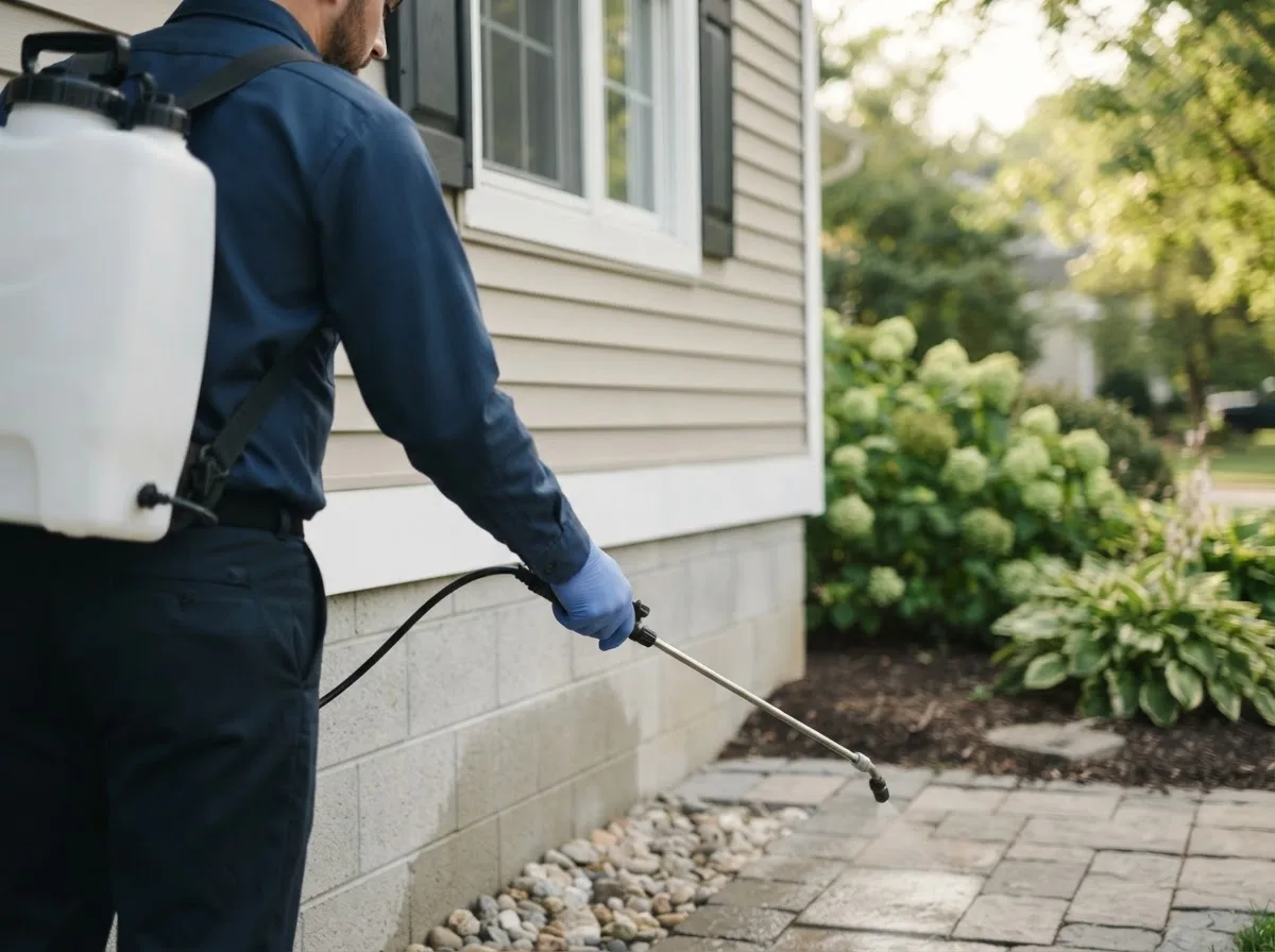 Pest control technician inspecting a home in Jackson Center, OH